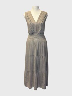 Women’s JGEE Khaki Sleeveless V-Neck Smock Waist Tiered Maxi Dress Sz: LG